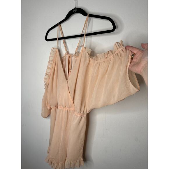 Lovers + Friends Cute Peach Malia Ruffle Cold Shoulder Deep-V Open Back Romper L - Picture 4 of 13